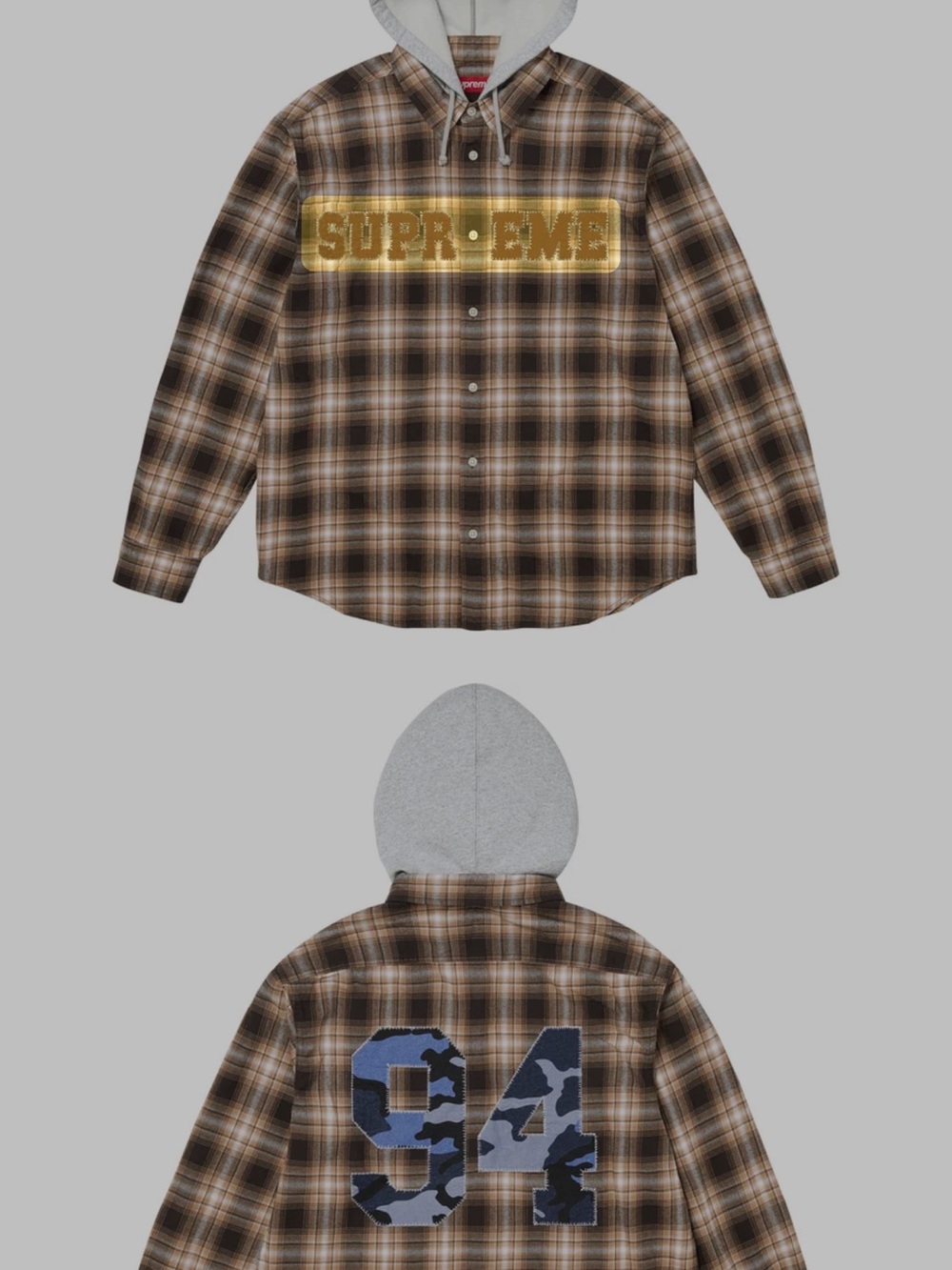 Supreme Brown Plaid Button-Down Shirt with Gray Hood and Gold Logo